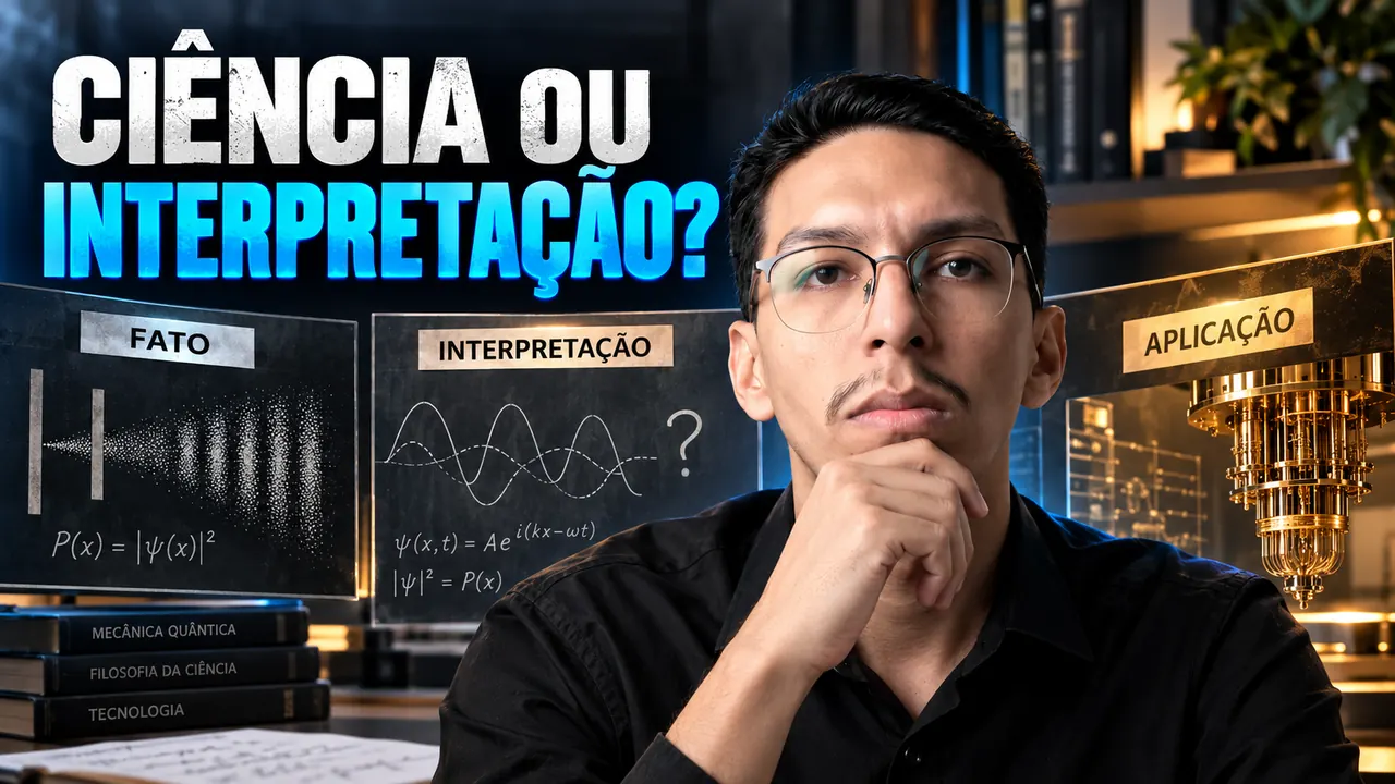 Paulo Aguiar diante de painéis que separam fato, interpretação e aplicação na física quântica