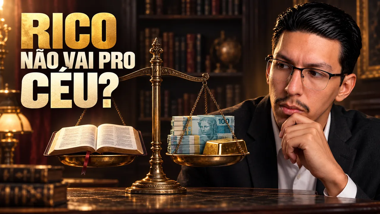 Paulo Aguiar observa uma balança com uma Bíblia de um lado e dinheiro do outro, em capa sobre riqueza e pecado.